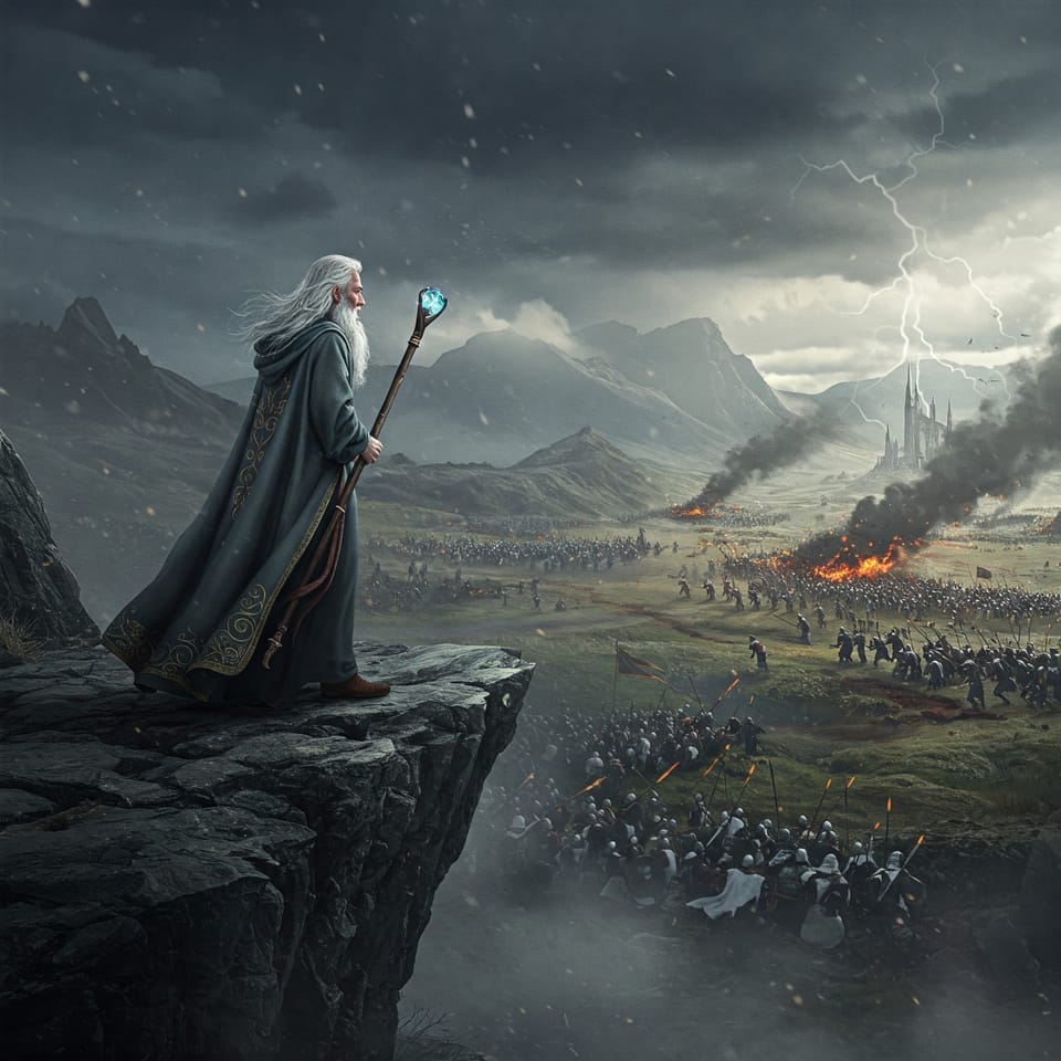 AI image of a wizard watching two armies battle