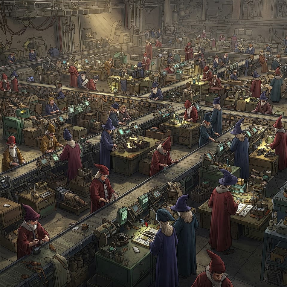 Wizards work a digital assemply line.