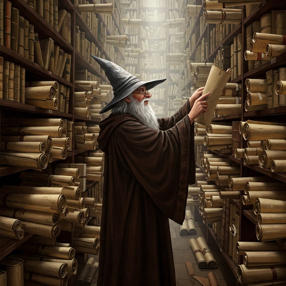 AI image of a wizard surrounded by shelves of scrolls