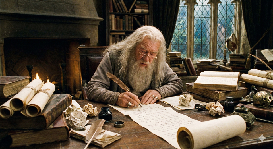 Google Gemini image of a Wizard writing with a Quill on a scroll.
